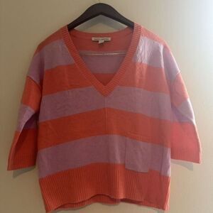 Autumn Cashmere 100% Cashmere Women’s V-Neck Sweater Striped 3/4 Length Sleeves